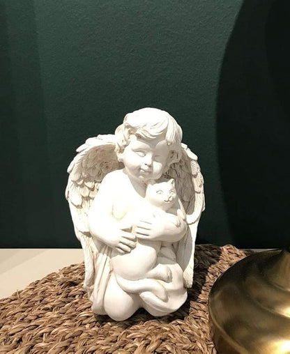 7" Resin Angel with Cat Statue, Pet Cat Memorial Sculpture, Indoor/Outdoor, White