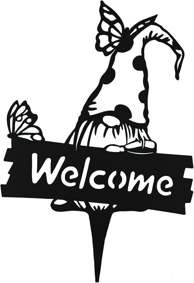 SteelFreak Gnome with Butterfly & Sign Metal Yard Stake Art (18 Inch, Black) - Made in USA