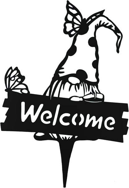 SteelFreak Gnome with Butterfly & Sign Metal Yard Stake Art (18 Inch, Black) - Made in USA