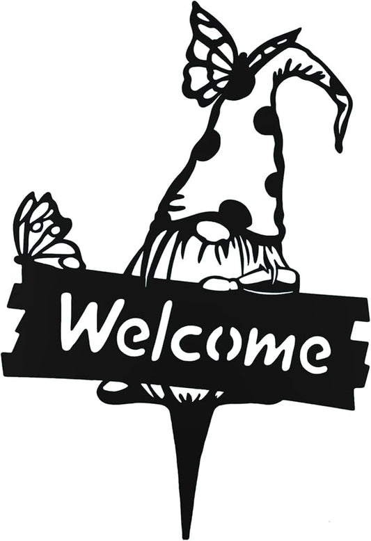 SteelFreak Gnome with Butterfly & Sign Metal Yard Stake Art (18 Inch, Black) - Made in USA