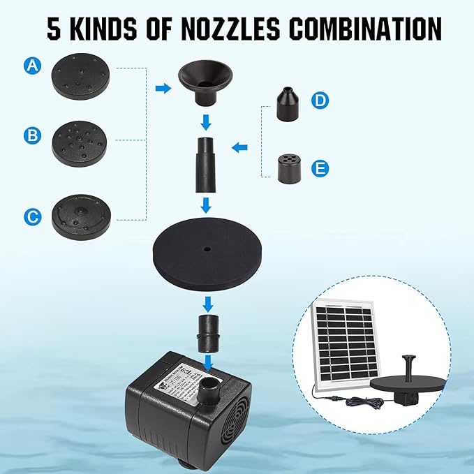 ECO-WORTHY 5W Small Solar Water Fountain Pump, 5W solar panel Outdoor Submersible Water Fountain Pump with 10FT Cables and 8 Nozzles,suit for Bird Bath,small pond
