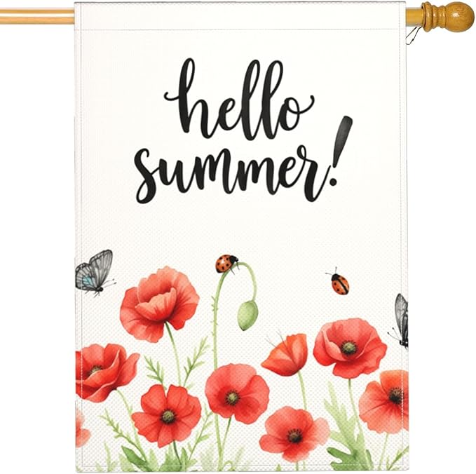 Mugod Hello Summer House Flag 28x40 Inch Vertical Double Sided, Red Poppies Flower Farmhouse Burlap Yard Flag for Outdoor Holiday Decor