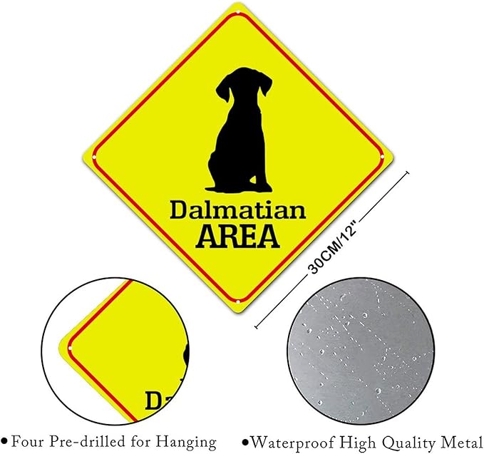 Warning Dalmatian Area Metal Tin Sign Dalmatian Dog Caution Crossing Xing Street Sign Yellow Diamond Shape Funny Metal Sign For Indoor Outdoor Highway12x12in
