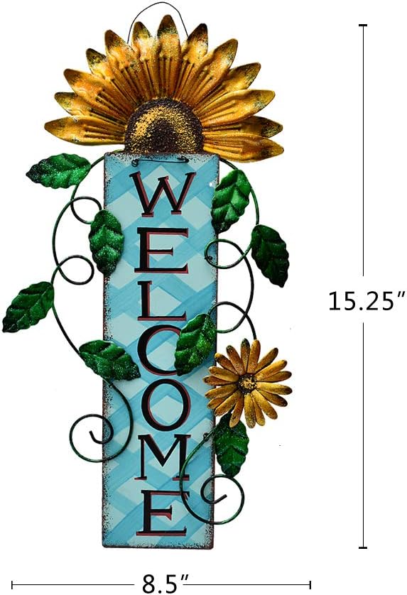 Attraction Design Welcome Sign for Front Door Decor Hanging Sign, Metal Flower Welcome Door Sign Wall Art Decor Hanging for Indoor Outdoor Patio Garden Yard Sign Porch Decoration 15.25X8.5In (3 Set)