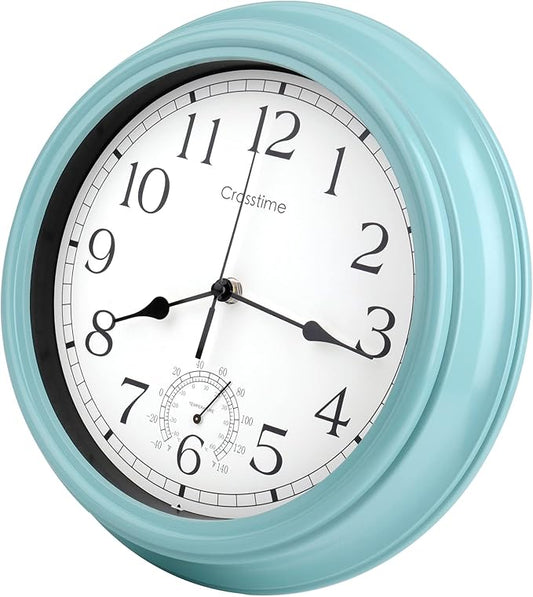 Crosstime 12 Inch Outdoor Clock Waterproof with Thermometer,Vintage Indoor Outdoor Wall Clocks for Patio, Pool, Garden, Bathroom Wall Decor - Teal