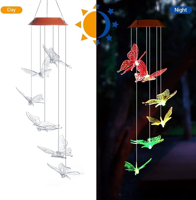 TDA Solar Wind Chimes Light Outdoor Changing Color Decorative Mobile Portable for Patio Walkway Pathway Backyard Landscape Decoration (Transparent Butterfly)