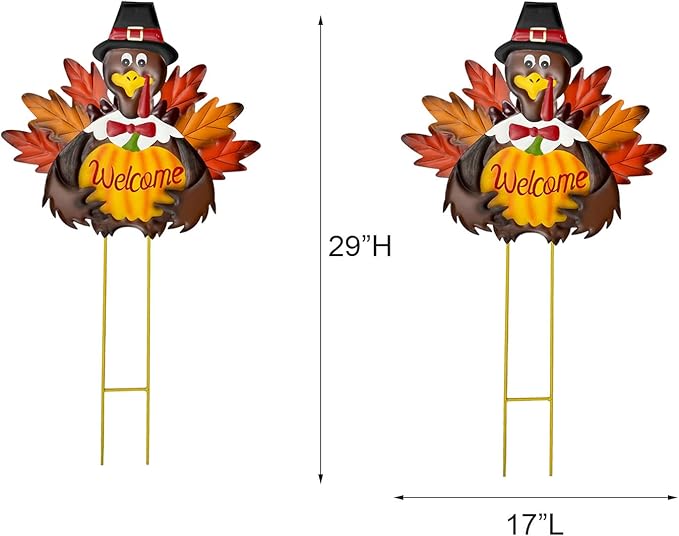 Fall Harvest Thanksgiving Metal Pumpkin Welcome Sign with Turkey Stakes Yard Decorations 28.5''H, Set of 2