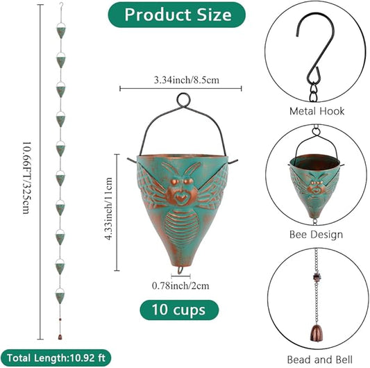 10 FT Rain Chain for Outside, Rain Chain with 10 Bee Pattern Cups Adjustable Rain Catcher Chain for Gutters, Eaves, Drainage, Replacement for Downpout