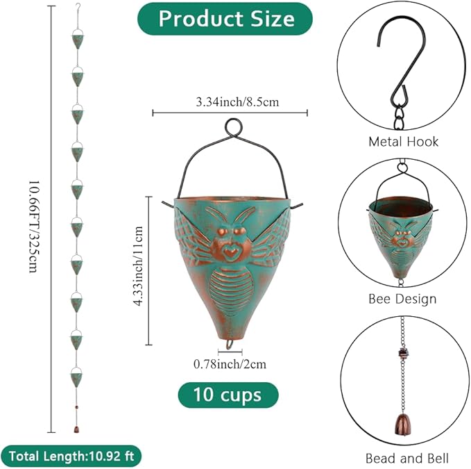 10 FT Rain Chain for Outside with 10 Bee Pattern Cups, Unique Hot Air Balloon Solar Lantern with Flickering Flame, Outdoor Decorative for Patio, Garden, Porch