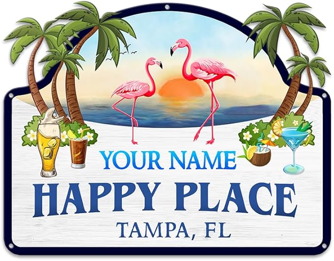 MeMate Flamingo House Signs, Flamingo House Metal Sign, Personalized Name Outdoor Sign, Flamingo House Outdoor Décor for Porch Deck Backyard Patio Pool, Flamingo Metal Sign Housewarming Gift for Family Friend 07