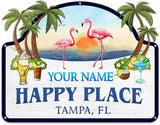 MeMate Flamingo House Signs, Flamingo House Metal Sign, Personalized Name Outdoor Sign, Flamingo House Outdoor Décor for Porch Deck Backyard Patio Pool, Flamingo Metal Sign Housewarming Gift for Family Friend 07