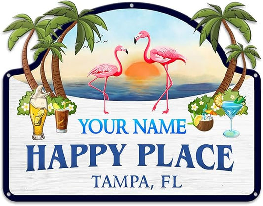 MeMate Flamingo House Signs, Flamingo House Metal Sign, Personalized Name Outdoor Sign, Flamingo House Outdoor Décor for Porch Deck Backyard Patio Pool, Flamingo Metal Sign Housewarming Gift for Family Friend 07