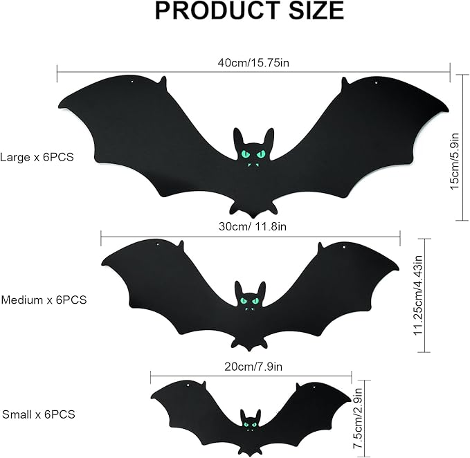 18 PCS Hanging Bats Halloween Decorations - 3 Different Sizes Black Bats with Glowing Eyes for Outdoor and Indoor Party Decor - Yard, Wall, Tree, Lawn