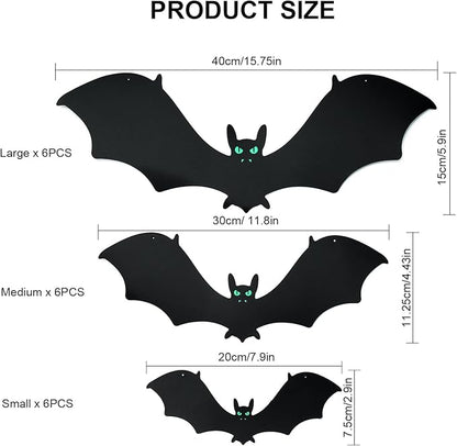 18 PCS Hanging Bats Halloween Decorations - 3 Different Sizes Black Bats with Glowing Eyes for Outdoor and Indoor Party Decor - Yard, Wall, Tree, Lawn
