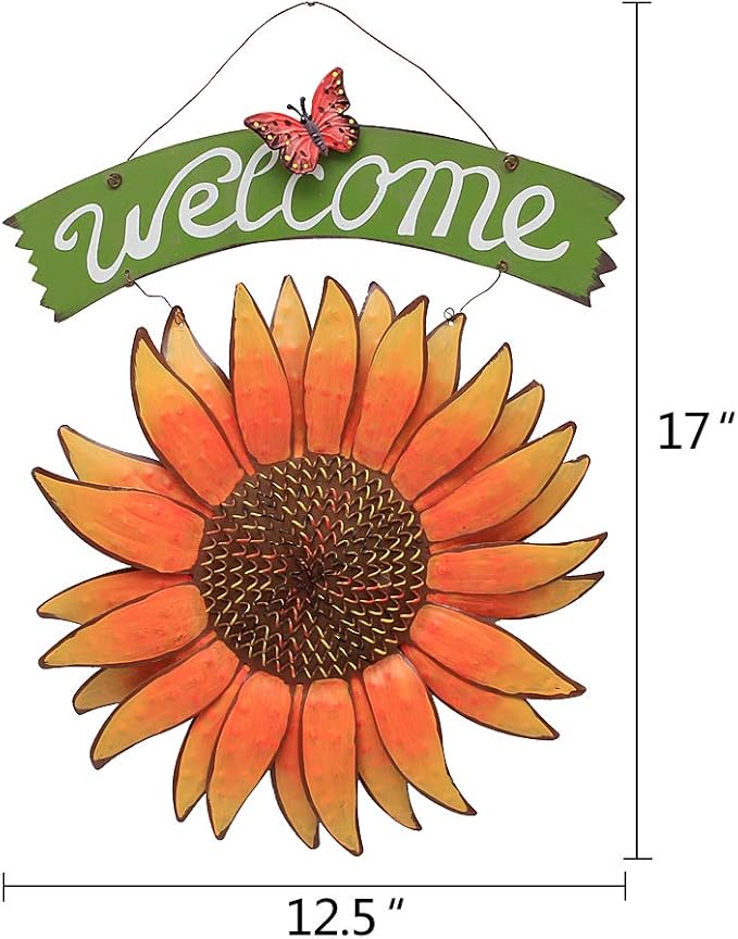 Welcome Sign Metal Hanging Sunflower Signs for Front Door Porch Wall - Rustic Decorative Door Hanger Indoor Outdoor Spring Decoration Wreath Decor (D)