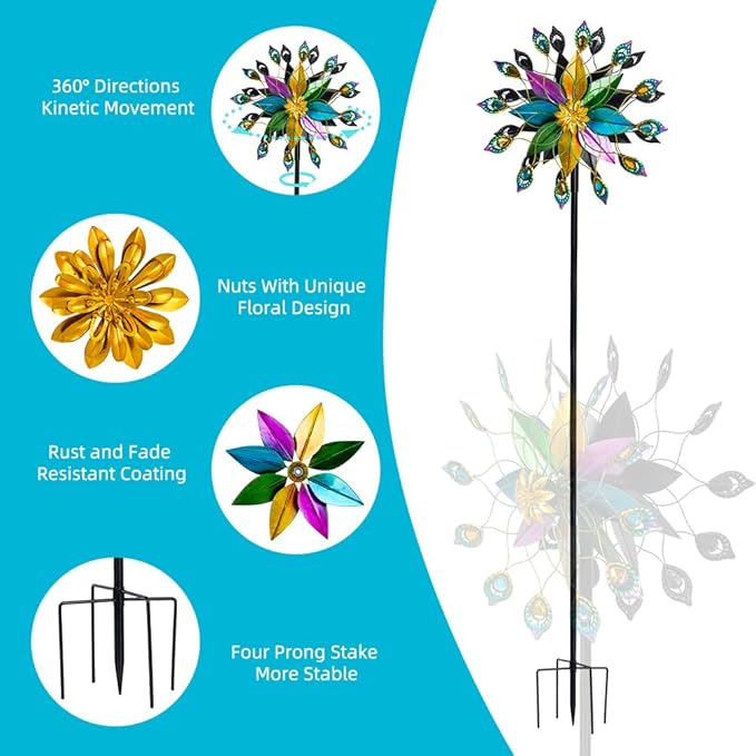 DREAMYSOUL Outdoor Kinetic Wind Spinner 360 Degree Rotate, Double-Sided Large Metal Wind Spinners for Yard and Garden, 16" Dia * 66" H Tall Wind Sculpture & Spinners