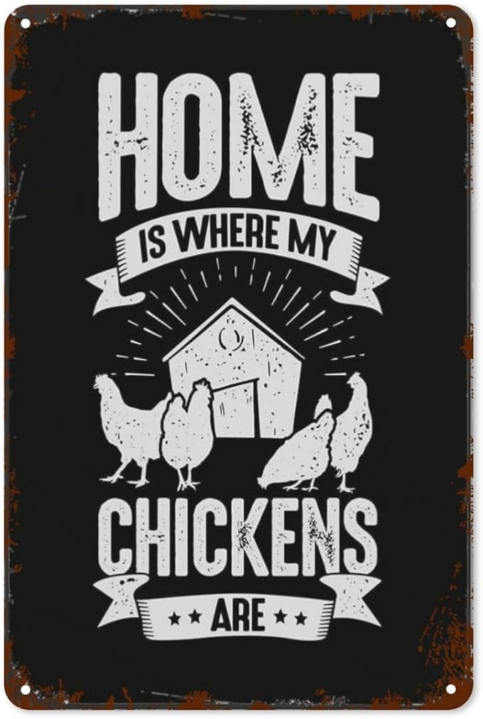 Vintage Tin Wall Decor Sign Home Is Where My Chickens Ares for Home,Garden,Patio,Office,Classroom,Kitchen & More! 8x12 Inches,Retro Metal Art with Funny Quotes