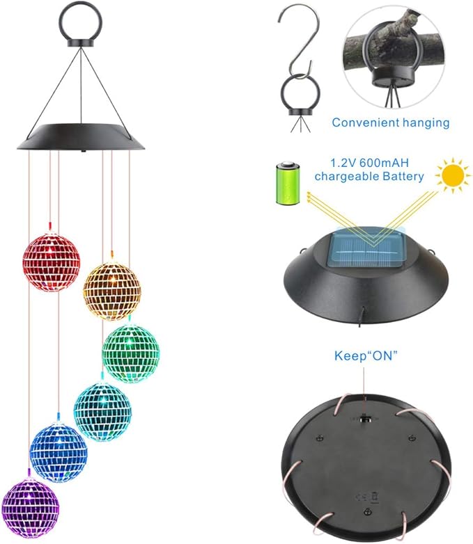 Idefair Solar Wind Chimes, Mobile Hanging LED Light Color Changing Wind Chime Birthday Gift for Mom Mother Laddies and Garden Patio Yard Decoration (Ball)