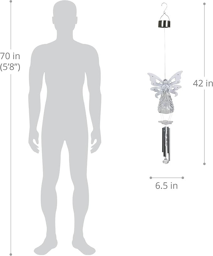 Exhart Wind Chimes, Solar Angel Wind Chime with Metal Wings, 13 LED Firefly Lights, White Acrylic Large Lawn and Yard Decoration, 6.5 x 4 x 42 Inch
