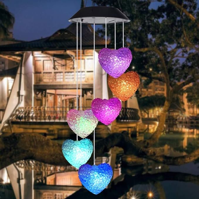 Tvoip Color Changing LED Solar Power Lamp Heart Wind Chimes Garden Decoration Yard Waterproof LED Light Lighting Hanging Decor (Heart)