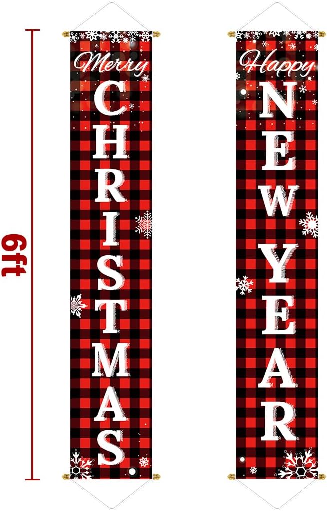 Ivenf Merry Christmas & Happy New Year Decorations, Red Black Buffalo Plaid Banner, 2 Pcs Front Porch Sign Set, Indoor Outdoor Yard Wall Home Decor