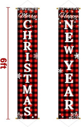 Ivenf Merry Christmas & Happy New Year Decorations, Red Black Buffalo Plaid Banner, 2 Pcs Front Porch Sign Set, Indoor Outdoor Yard Wall Home Decor
