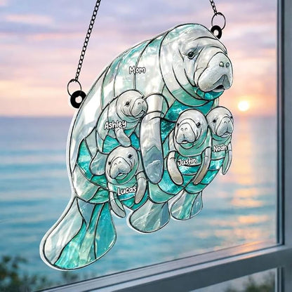 Personalized Manatee Family Acrylic Sun Catcher Ornament Gift for Grandma Mom, Custom Kids Names Window Decor, Heartfelt Gifts for Mimi Nana from Grandkids, Family Window Hanging Decor