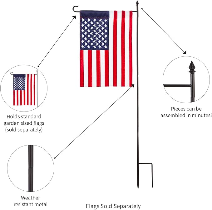 Evergreen Flag Shipping Friendly Black Iron 4-Piece Garden Flag Stand - 16" W x 44" H