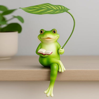 OwMell Frog Statue for Garden, Green Frog Figurine for Outdoor Decor Yard and Garden Decoration Resin Sculpture 6 Inches - Book & Leaf