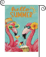 Baccessor Hello Summer Garden Flag Double Sided 12.5x18 Inch Pink Flamingo Tropical Beach Summer Welcome Small Yard Flag Burlap Seasonal Farmhouse Outside Outdoor Decoration
