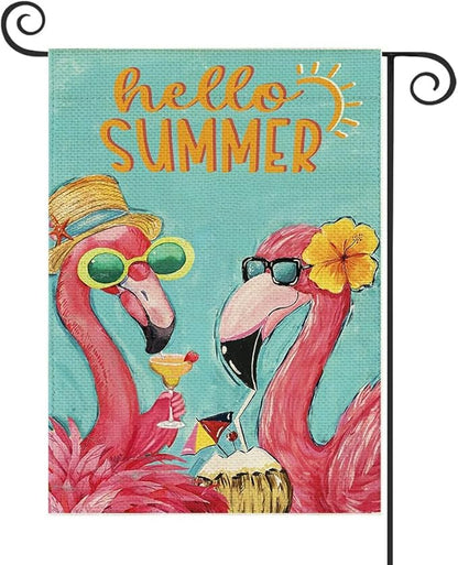 Baccessor Hello Summer Garden Flag Double Sided 12.5x18 Inch Pink Flamingo Tropical Beach Summer Welcome Small Yard Flag Burlap Seasonal Farmhouse Outside Outdoor Decoration