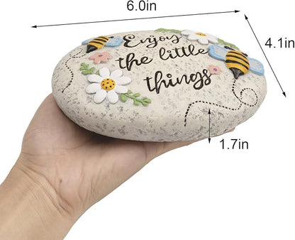 Spring Decorative Garden Stones Outdoor, 6x4.1In Enjoy The Little Things Bee Stone with White Flower, Concrete Stepping Stones for Walkway Pathway Yard Outside
