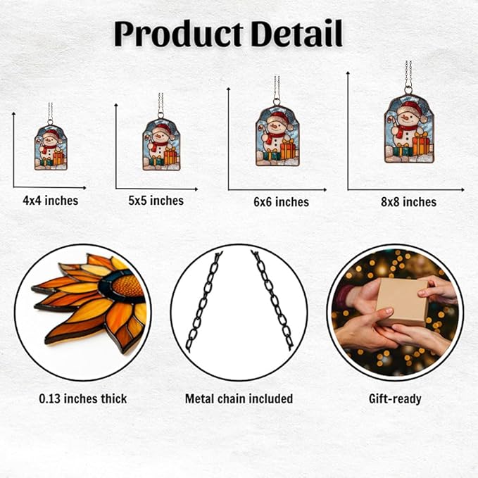 Cute Snowman Giving Presents Acrylic Suncatcher Stained Glass Effect Window Car Hanging Christmas Ornament Indoor Outdoor Decor Garden Sun Catcher Panel for Women Mom Grandma