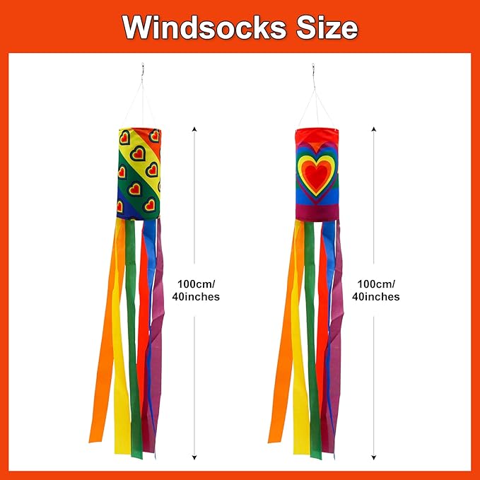 timecity 2PCS Rainbow Windsock Heavy Duty 40 Inches Garden Stripes Heart Wind Socks Banner Flag Outdoor Hanging Decor for Valentine's Day Wall Tree Front Patio Lawn Garden Decor