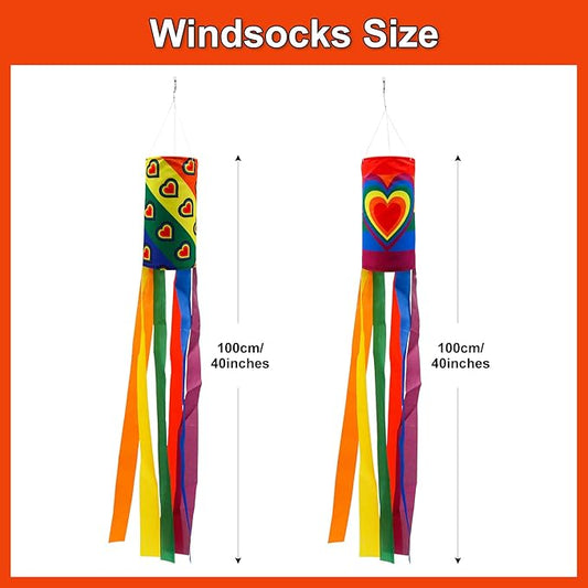 timecity 2PCS Rainbow Windsock Heavy Duty 40 Inches Garden Stripes Heart Wind Socks Banner Flag Outdoor Hanging Decor for Valentine's Day Wall Tree Front Patio Lawn Garden Decor