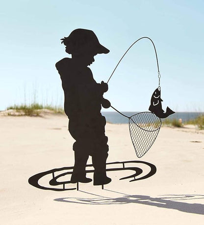Wind & Weather Boy Fishing Silhouette Metal Garden Stake – Handcrafted Black Matte Metal Outdoor Decor – Features a Moving Fish Detail – Built-in Stakes for Easy Placement – 26" L x 0.5" W x 36" H