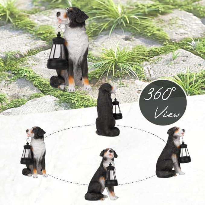 Solar Garden Dog Statue with Lanterns Outdoor Bernese Mountain Dog Garden Decor Figurine Lights for Patio Balcony Shelf Tabletop Lawn, Unique Housewarming Birthday Thanksgiving Gifts for Women Mom