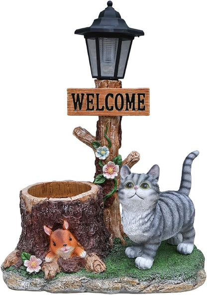 Solar Light Animal Outdoor Statue Planter with Welcome Sign, Resin Garden Sculpture Flower Pot for Patio Lawn Porch Yard Courtyard Decor, Weather-Resistant Decorative Figurine Accent (C)