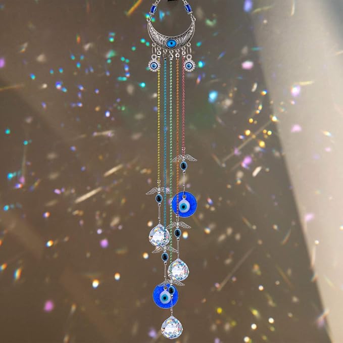 20inch Blue Evil Eye Hanging Crystals Suncatcher Ornament for Christmas Tree with Chakra Energy Crystal Ball Prism Pendant Rainbow Maker for Home Decor Protection