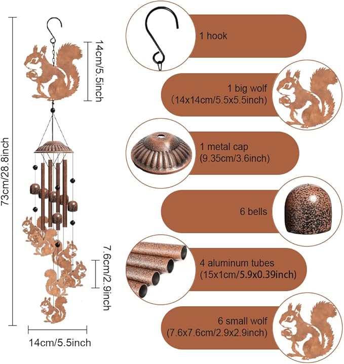OLYCRAFT Squirrel Metal Wind Chimes Outdoors Wind Chime Sympathy Memorial Windchime Outdoors Sympathy Windbell Memorial Presents Hanging Windbell for Patio Backyard Home Garden Yard Decor - 30 Inch