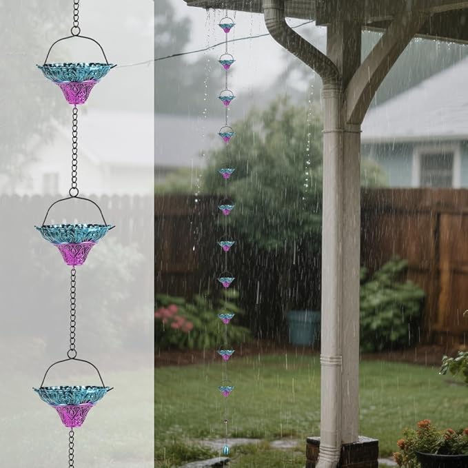 10FT Rain Chains for Outside, Rain Gutter Chain with 12 Flower Cups, Adjustable Rainwater Catcher Chain for Eaves Drainage, Replacement for Downspout