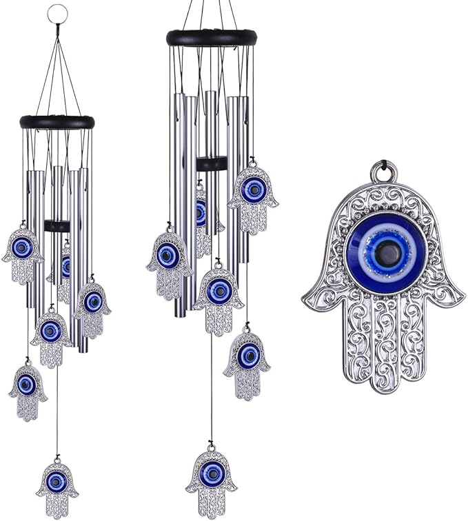 Blue Evil Eye Hand of Fatima Wind Chimes Outdoor Decoration, Hamsa Hand Windcatcher, Evil Eye Wind Bells, Fatima's Holy Hand Blue Evil Eye Amulet Wind Chimes for Home,Gift for Mom,Balcony,Patio,Garden