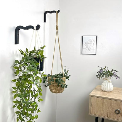 EvenWood 2-Piece Set of Wavy Wooden Wall Planters for Indoor Plants 6 Inch - Natural Plant Hook for Wall Plant, Wind Chimes, Flower Brackets, Patio Garden Decorations - Bracket Plant Hanger (Black)