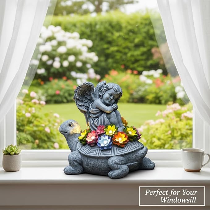 Solar Angel Turtle Garden Statue - IP65 Waterproof Outdoor Decor with 7 LED Lights - Heartwarming Memorial Gifts for Mom, Grandma - Resin Figurine for Patio & Yard