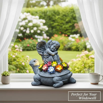 Solar Angel Turtle Garden Statue - IP65 Waterproof Outdoor Decor with 7 LED Lights - Heartwarming Memorial Gifts for Mom, Grandma - Resin Figurine for Patio & Yard