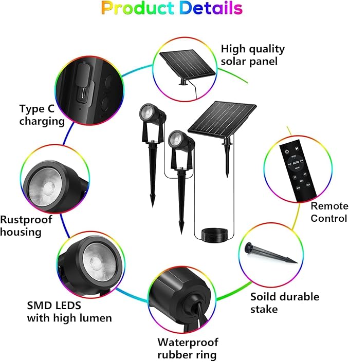 ZYAN Solar Color Changing RGB Spotlights with Remote, 12000mAh Separate Panels & USB-C Powered, Auto On Off, Outdoor IP65 Waterproof for Patio Yard Path (8 Pack)
