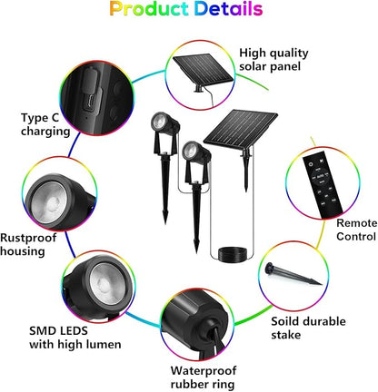 ZYAN Solar Color Changing RGB Spotlights with Remote, 12000mAh Separate Panels & USB-C Powered, Auto On Off, Outdoor IP65 Waterproof for Patio Yard Path (8 Pack)