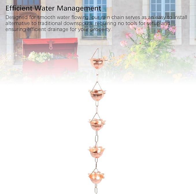Buachois Hanging Rain Chain Copper, 1m Weatherproof Rain Catcher Chain with Elegant Flower Design for Yard Garden Temple (Petal Shaped)