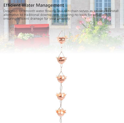 Buachois Hanging Rain Chain Copper, 1m Weatherproof Rain Catcher Chain with Elegant Flower Design for Yard Garden Temple (Petal Shaped)