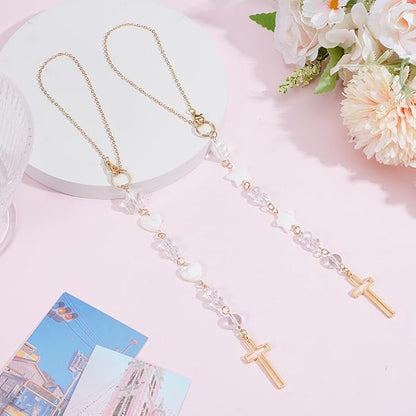 2pcs Cross Car Hanging Ornament Sun Catcher Rearview Mirror Charm Car Mirror Pendant with Heart Star Shell Beads Cross Crystal Bead Hanging Accessories for Bag Window Car Mirror Garden